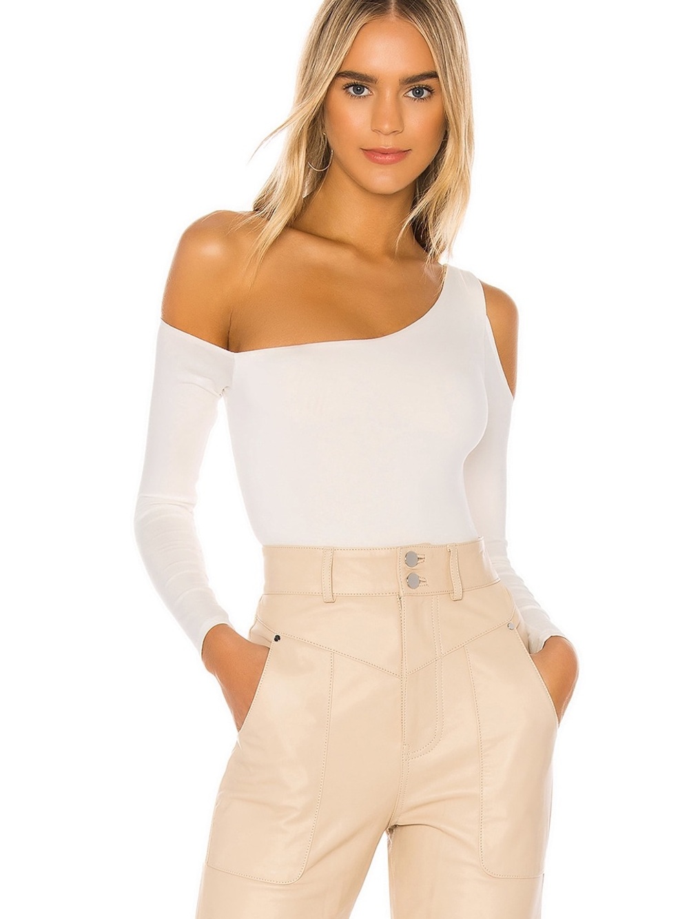 Lovers + Friends One-Shoulder Long Sleeve Bodysuit in Cream